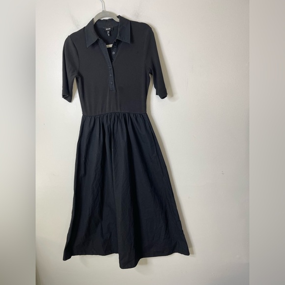 EM+ME Mixed Media Jersey Poplin Shirt Collar Maxi Dress in Black Sz US 6 - Picture 4 of 16